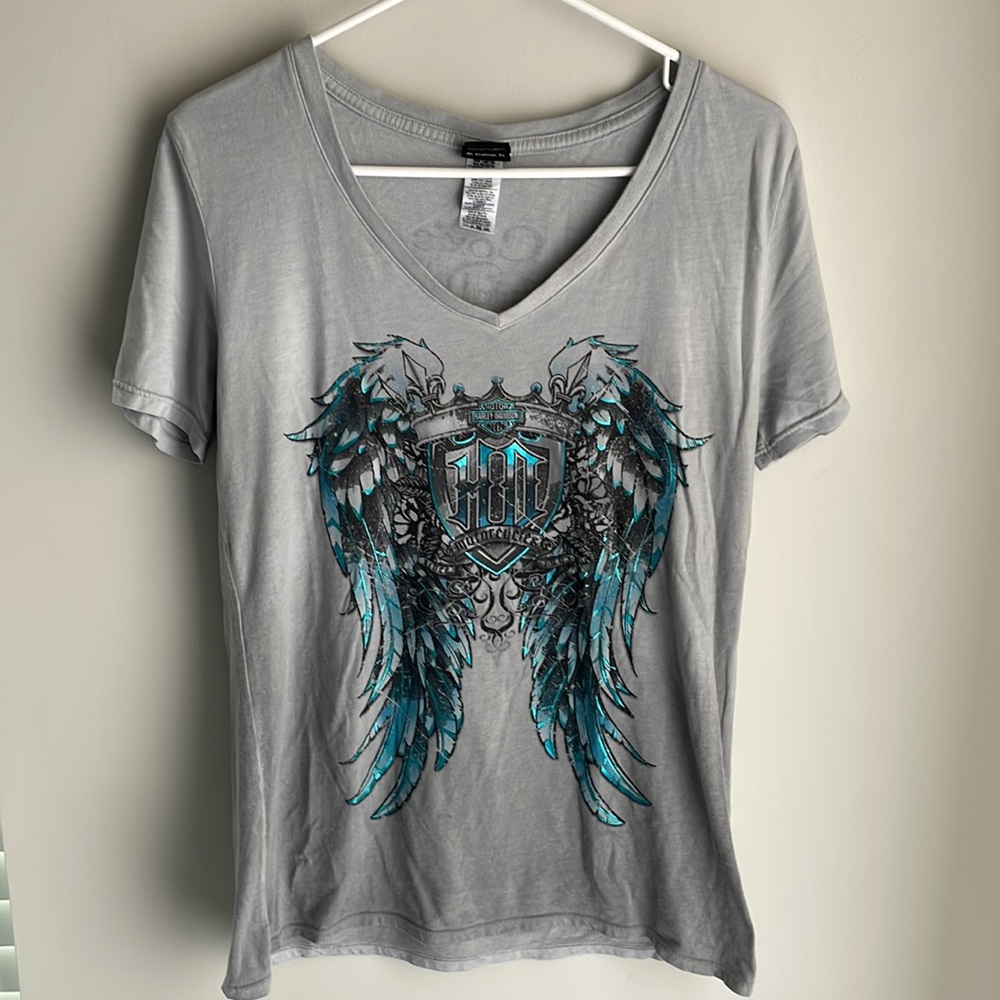 Harley-Davidson Womens V -Light to dark Gray Ombré with Aqua & Gray wings-M
